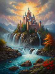 Fototapeta premium Majestic Waterfall Castle Enchanting Fantasy Landscape with Dreamy Castles, Magical Realms, and Fairytale Charm. Illustration of Fantasy Kingdom on Water.