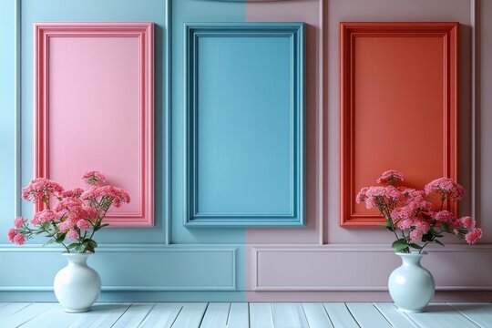 Pink blue and red colored walls with blank picture frames. Pastel colors. Flowers in vases. Empty room. Copy space.
