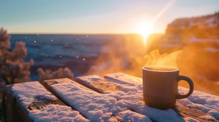 Rolgordijnen Hot coffee cup in snow winter in rugged lands. © rabbit75_fot