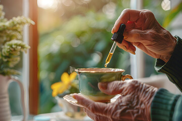 Senior's wellness ritual with CBD tincture, serene home atmosphere.