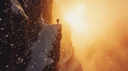 A rock climber climb a cliff in Grand Canyon with snow in winter.