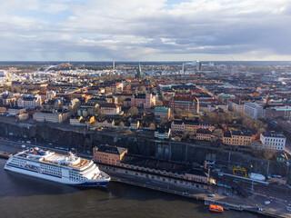 Aerial view of Stockholm, Södermalm district. Cruise ship, Katarina church, Globen and historical...