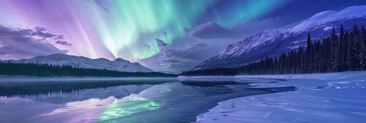 Beautiful aurora northern lights in night sky with lake snow forest in winter. - obrazy, fototapety, plakaty