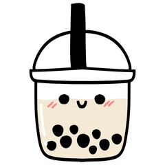 Cute kawaii bubble milk tea with a happy smile in transparent background.