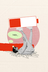 Composite trend artwork sketch image 3D photo collage of young lady lying on back in pajama discharged lazy day low battery hold on legs