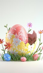 Cracked half open eggshell, colorful Easter egg with white flowers on yellow background. Pink egg and flowers inside, minimal background.