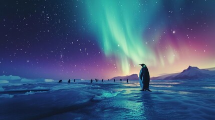 Penguins on ice land with beautiful aurora northern lights in night sky with snow forest in winter. - obrazy, fototapety, plakaty
