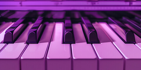 Close-up of a piano keyboard, musical instrument keys in shades of lilac with black and white keys