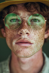 
handsome ginger young man with green eyes and freckles wearing round transculent green glasses, hat, closeup portrait