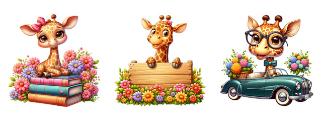 Cute giraffe with spring flowers
