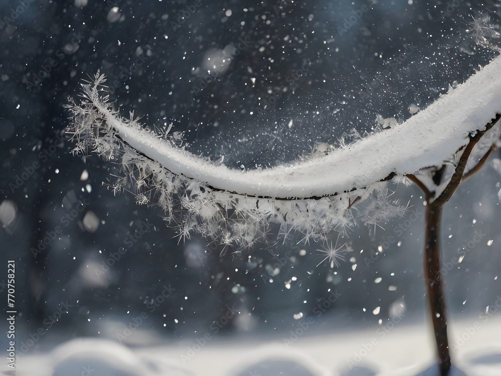 Poster snowfall in the forest, close-up of a branch generated by ai