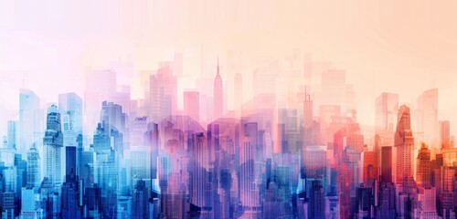 Fototapeta na wymiar A city skyline made of blurred shapes, with buildings in shades of blue and purple against a white background Generative AI
