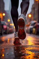 Visual image of the energy of running on a city street. The image focuses on the runner's shoes and ankles, capturing the moment they hit the ground forcefully as they move forward. 