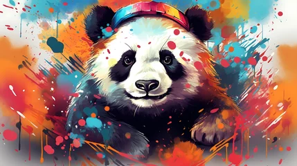 Poster Im Rahmen A lively panda t-shirt design capturing the spirit of festivity with a panda dressed in colorful festival attire © Muhammad