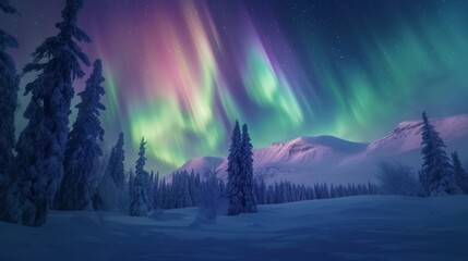 Beautiful aurora northern lights in night sky with snow forest in winter. - obrazy, fototapety, plakaty