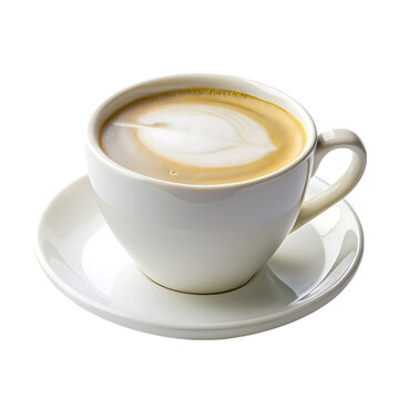 minimalist photo of a white coffee cup with saucer isolated on a transparent background