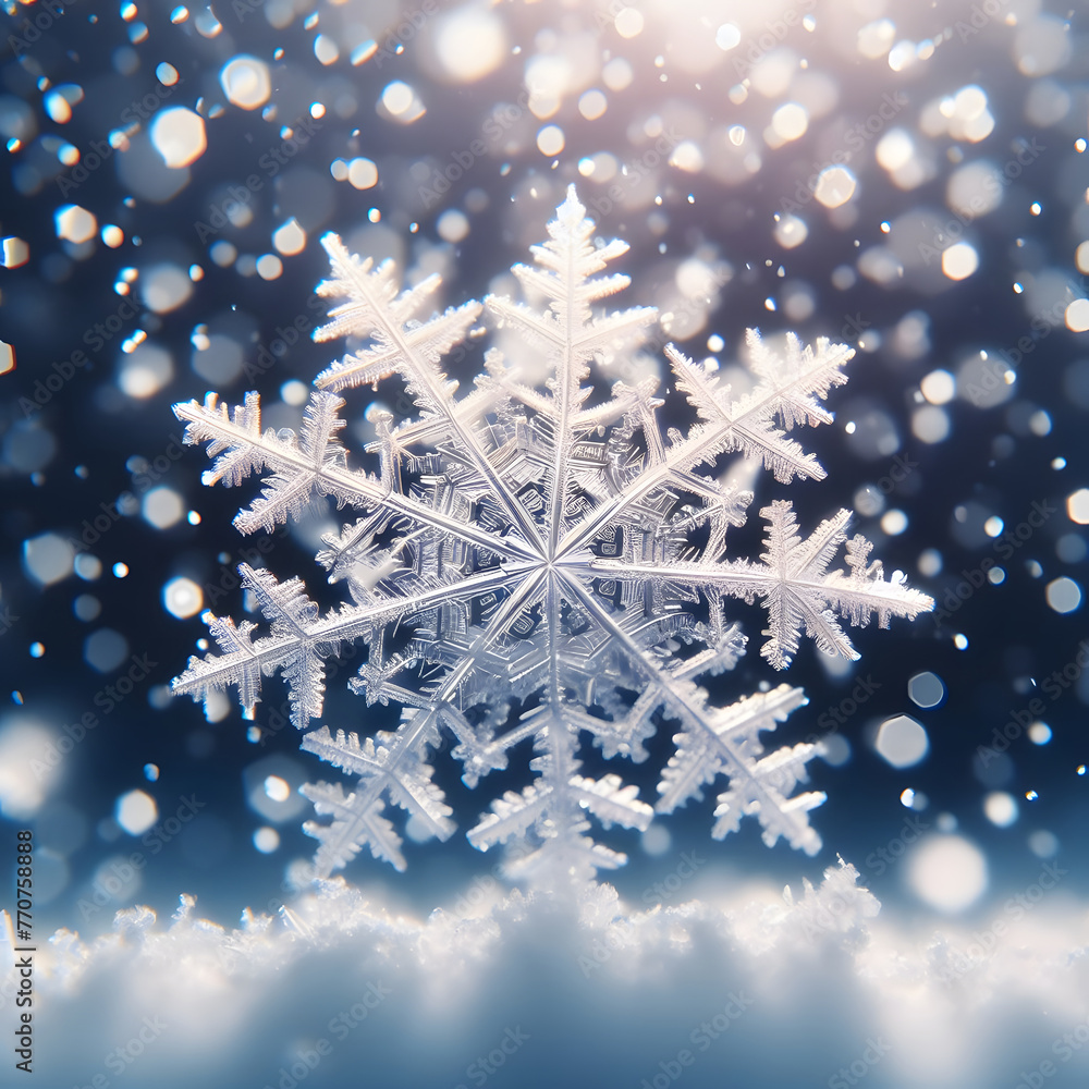 Poster snowfall in the forest, close-up of a branch generated by ai