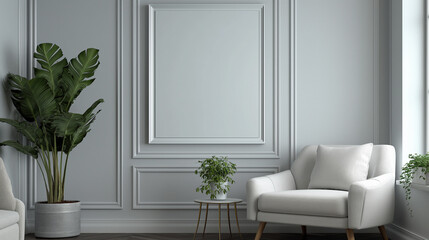 moldura de quadro em branco em uma sala decorada com boa iluminação - mockup - obrazy, fototapety, plakaty