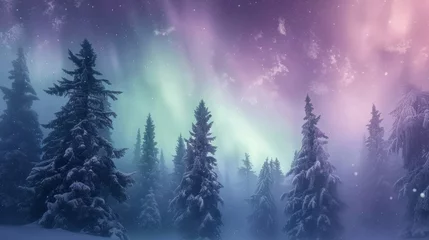 Fototapeten Beautiful aurora northern lights in night sky with snow forest in winter. © rabbit75_fot