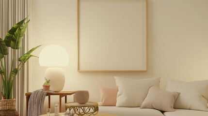 moldura de quadro em branco em uma sala decorada com boa iluminação - mockup - obrazy, fototapety, plakaty