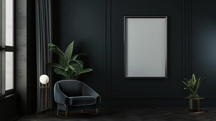 sala com poltronas e paredes pretas com uma moldura de quadro em branco - mockup - obrazy, fototapety, plakaty