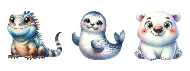 Pastel watercolor sea creatures  isolated on transparent background