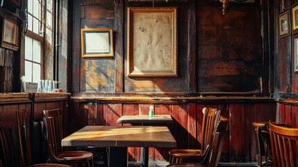 A blank picture frame hanging on the old textured wooden wall in a cosy old english or irish pub - obrazy, fototapety, plakaty