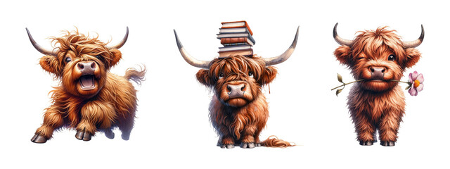 Watercolor funny highland cow isolated on transparent background	
