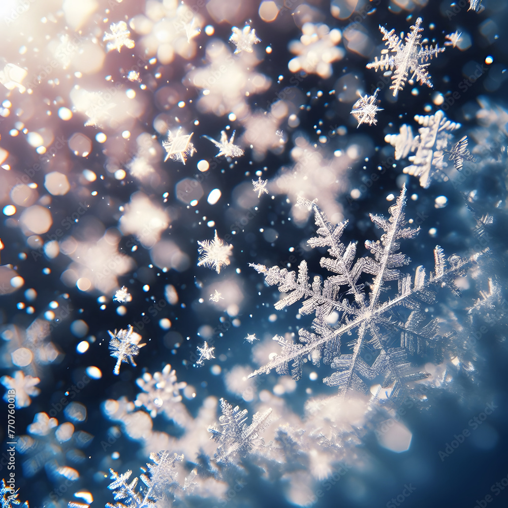Poster snowfall in the forest, close-up of a branch generated by ai