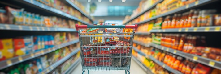 A grocery store with lots of goods on the shelves - obrazy, fototapety, plakaty