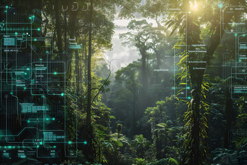 Lush Forest with Carbon Credit Tech Overlay