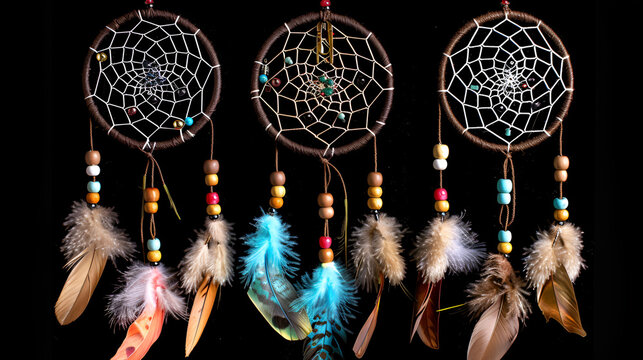 Beautiful dream catchers  on black background ,Vintage Dreamcatcher ,Pearl-embroidered dream catcher with colorful feathers and pearls


