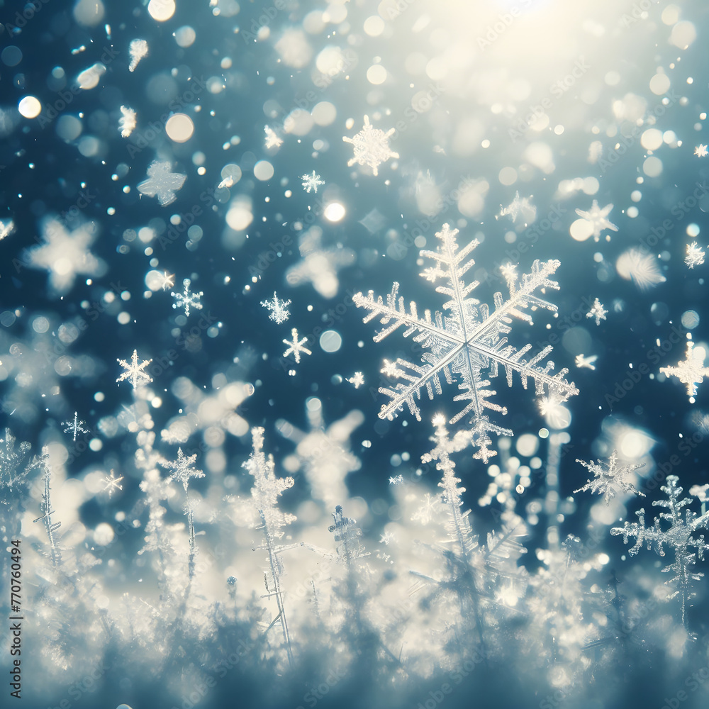 Poster snowfall in the forest, close-up of a branch generated by ai