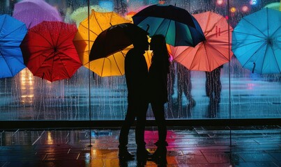 Couple Sharing a Tender Kiss Under Colorful Umbrellas on a Rainy Urban Night"