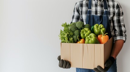 Food delivery personnel holding a full box of groceries with plain background.
