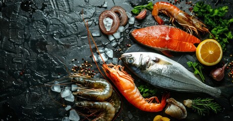 Assorted Fresh Fish and Seafood on Black Rustic Background - obrazy, fototapety, plakaty