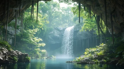 Tuinposter Wide shot of a lush forest with a majestic waterfall cascading into a serene cave, harmonious blend of natural elements, sense of wonder and tranquility. © Nattadesh