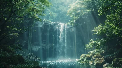 Foto op Aluminium Wide shot of a lush forest with a majestic waterfall cascading into a serene cave, harmonious blend of natural elements, sense of wonder and tranquility. © Nattadesh
