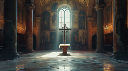 Bathed in divine light, a cross stands solemnly at the altar of a church, casting shadows of faith and spirituality as sunlight streams through stained-glass windows - obrazy, fototapety, plakaty