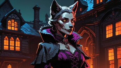 anthropomorphic wolf woman wearing a gothic gown victorian house environment