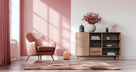 Grey Armchair and Wooden Cupboard Set the Tone in Pink Living Room