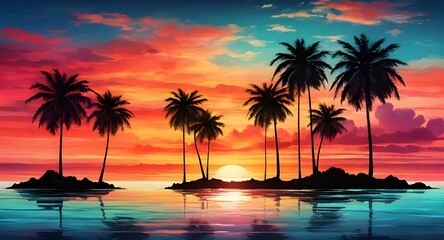 Fototapeta na wymiar Dark palm trees silhouettes on colorful tropical ocean sunset background