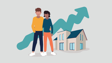 Adob Vector illustration of a couple standing in front of their house with an ascending stock market curve in the background - property concept e Illustrator Artwork