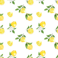 Seamless pattern watercolor with citrus lemon fruit white flower background