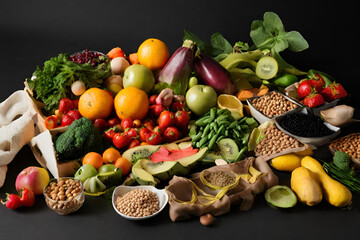 Concept of healthy food Fresh fruits, vegetables, and legumes against a black backdrop - 39
