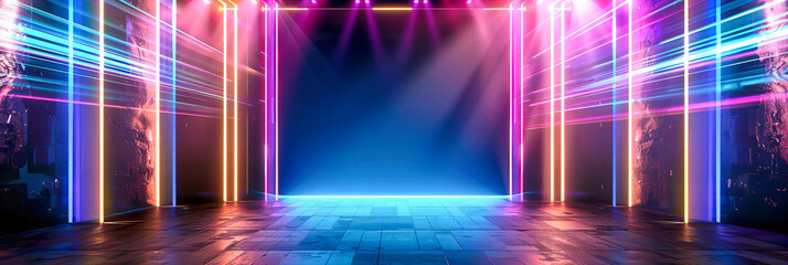 Vibrant Stage with Bright Lights, Preparing for a Dynamic Show or Event in a Modern Setting