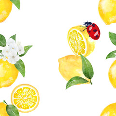 Seamless pattern watercolor with citrus lemon fruit white flower background