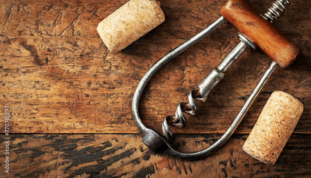 Poster close-up of an old metallic corkscrew and a wine cork on a wooden table with copy space. generative 