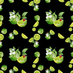 Seamless pattern watercolor with citrus lime fruit with green leaves background