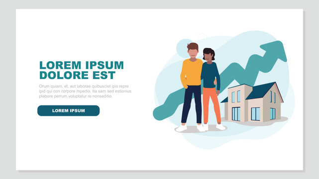 Adob Vector illustration of a couple standing in front of their house with an ascending stock market curve in the background - property concept e Illustrator Artwork
